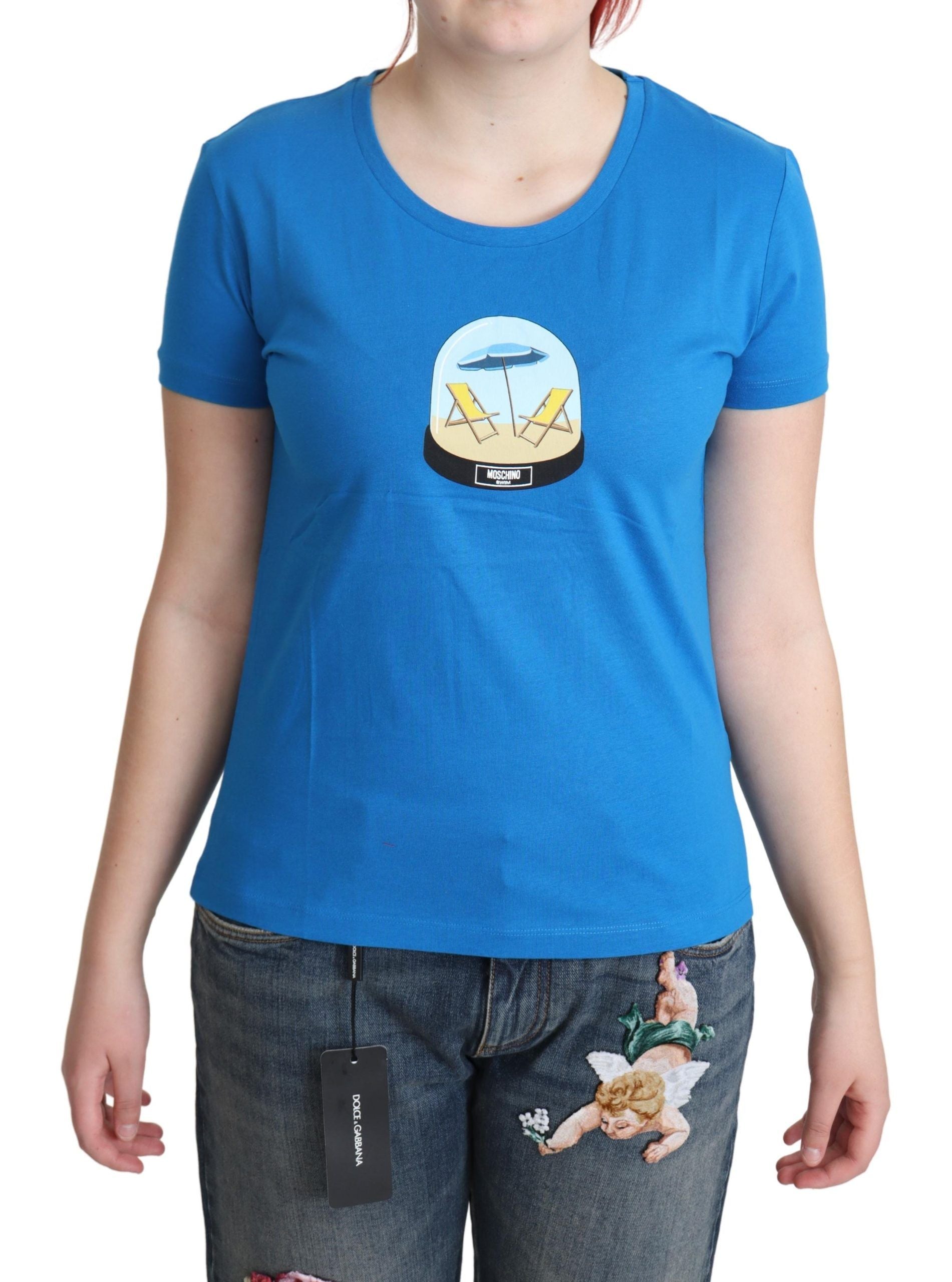 Schickes blaues Baumwoll-T-Shirt mit ikonischem Aufdruck