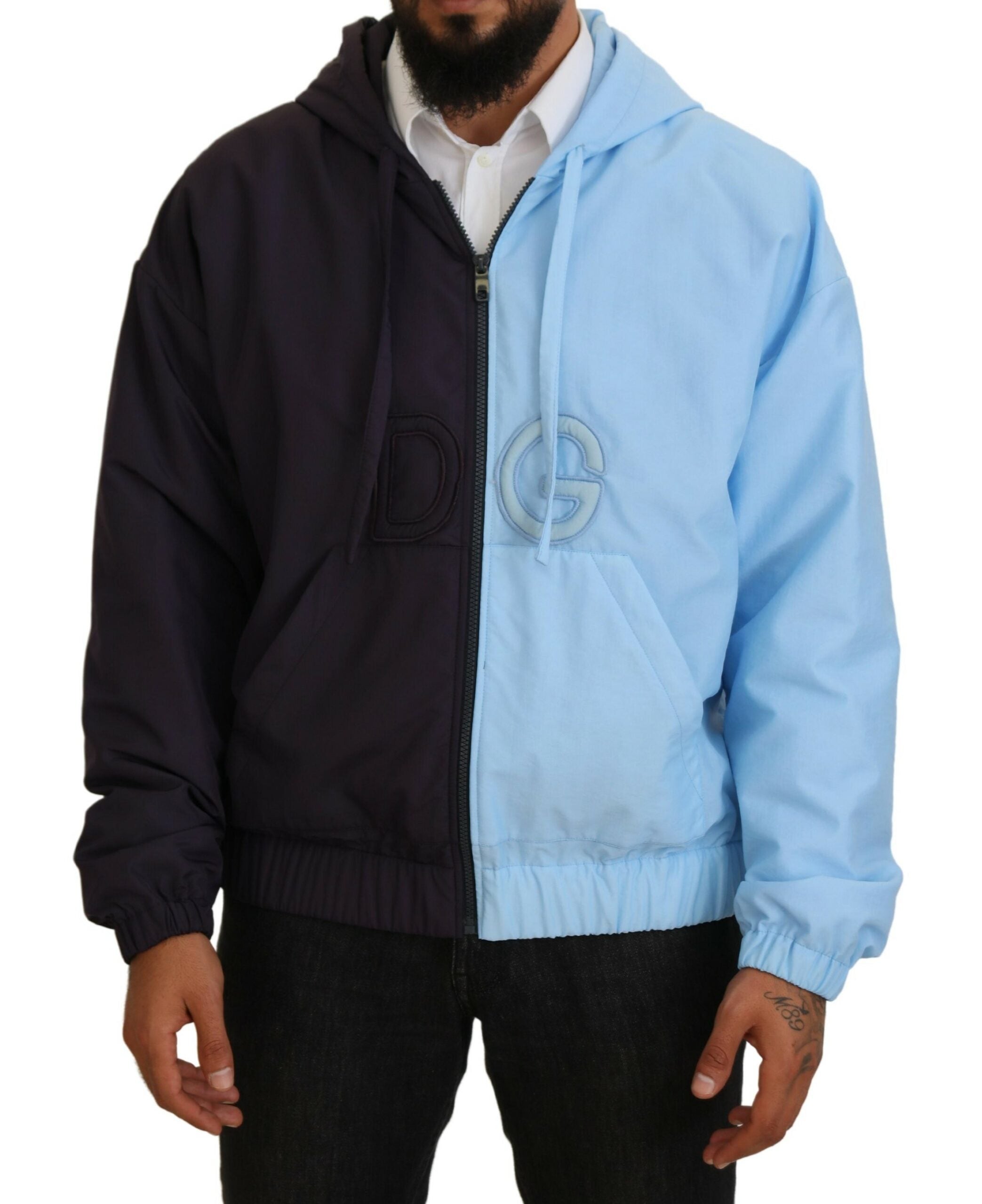 Elegante blaue Jacke mit Kapuze - durchgehender Reißverschluss