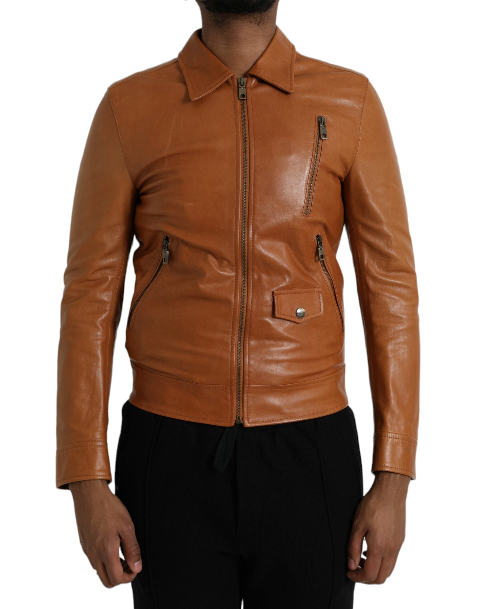 Braune Lammleder-Blouson-Jacke mit durchgehendem Reißverschluss