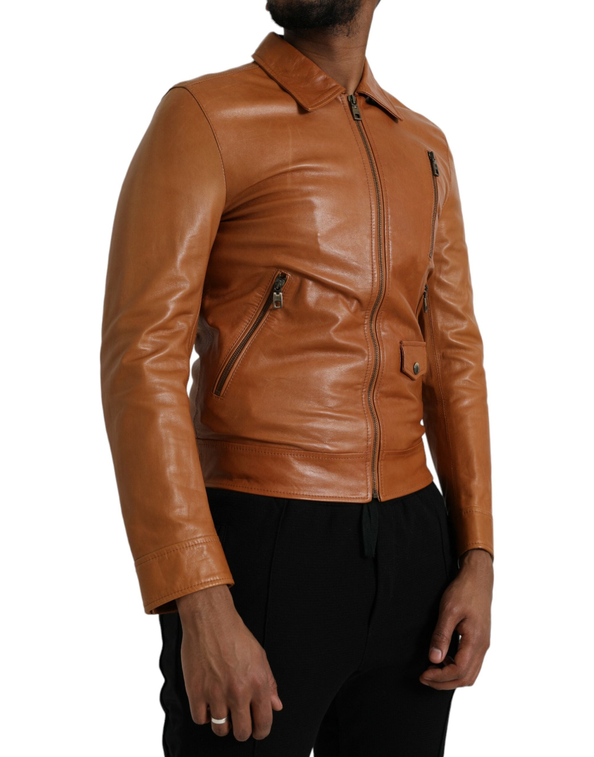 Braune Lammleder-Blouson-Jacke mit durchgehendem Reißverschluss