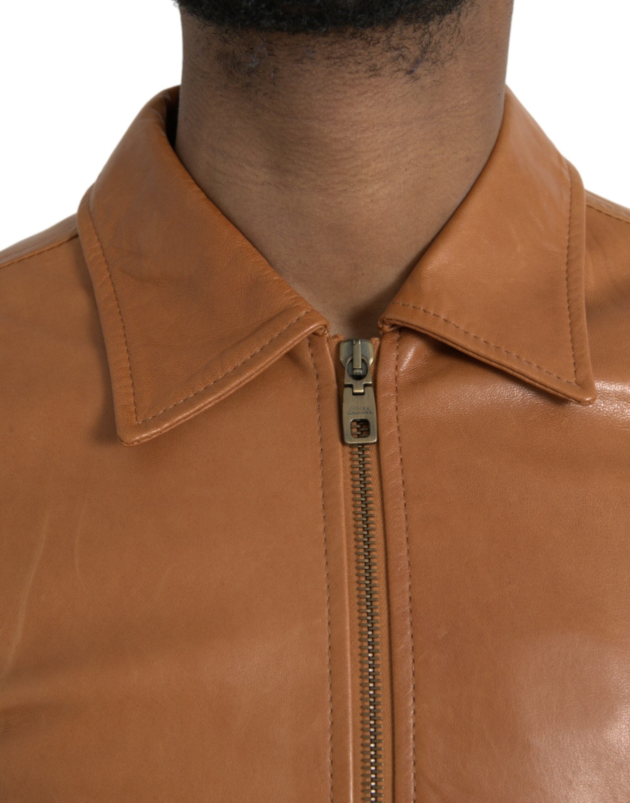 Braune Lammleder-Blouson-Jacke mit durchgehendem Reißverschluss